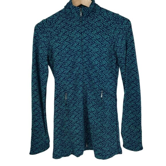 Ibex 100% Merino Wool Zip Up Mock Neck Sweater Size XS Blue Geometric Juliet - Picture 3 of 16